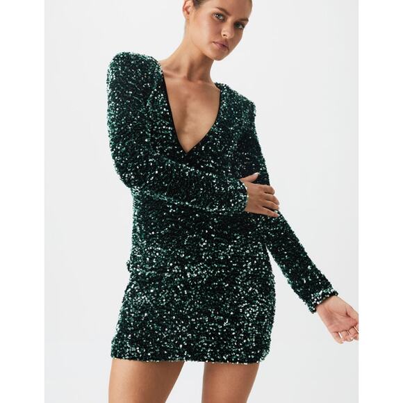 BARDOT Women's Lilia Sequin Mini Dress XS US 2 Vivid Green Long Sleeve NWT - Picture 1 of 13